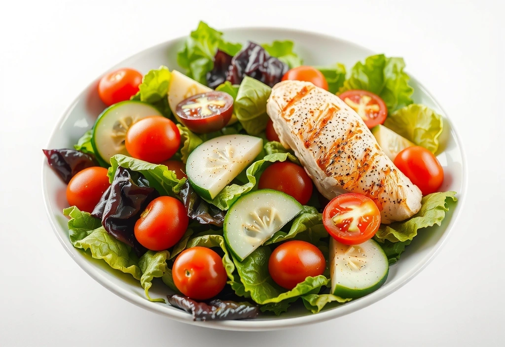 Eine Schüssel mit einem bunten Salat, der verschiedene Gemüsesorten und Proteine enthält.