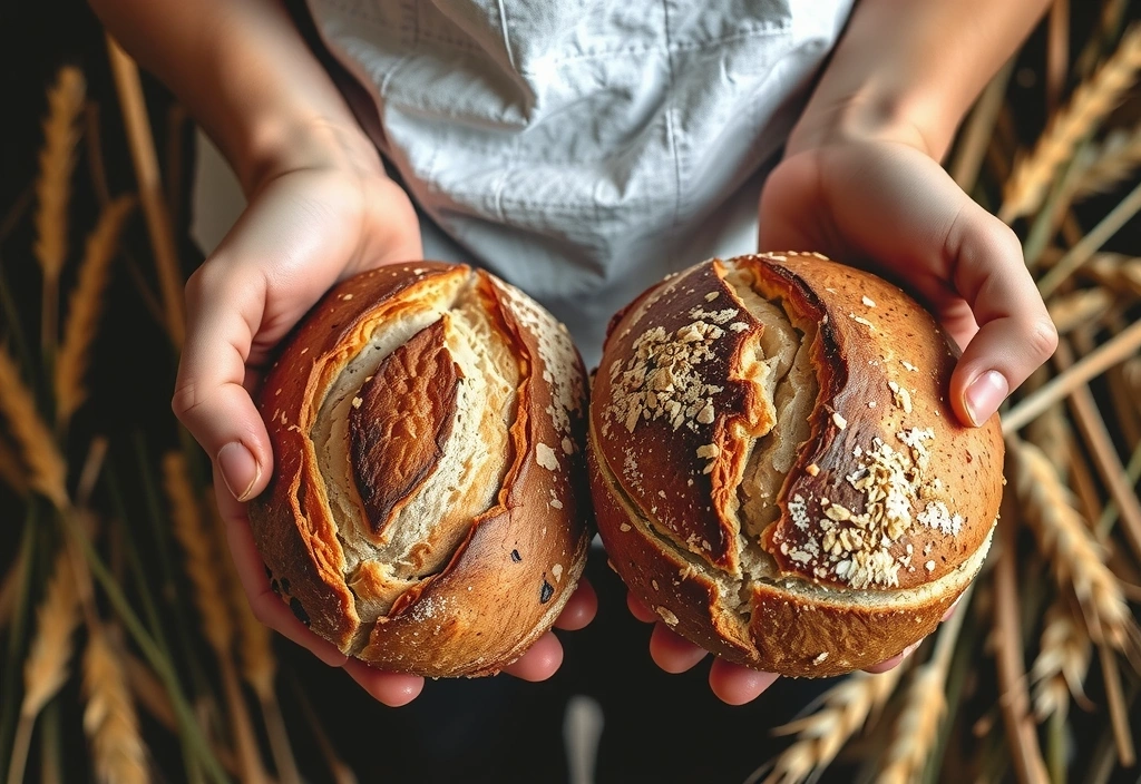 Hände halten frische, hausgemachte Brotlaibe und Getreideähren.