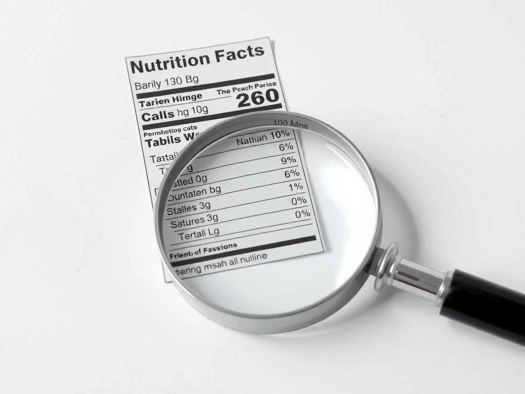 Eine Lupe, die eine Nährwerttabelle vergrößert, symbolisch für die genaue Analyse von Fakten in der Ernährung.