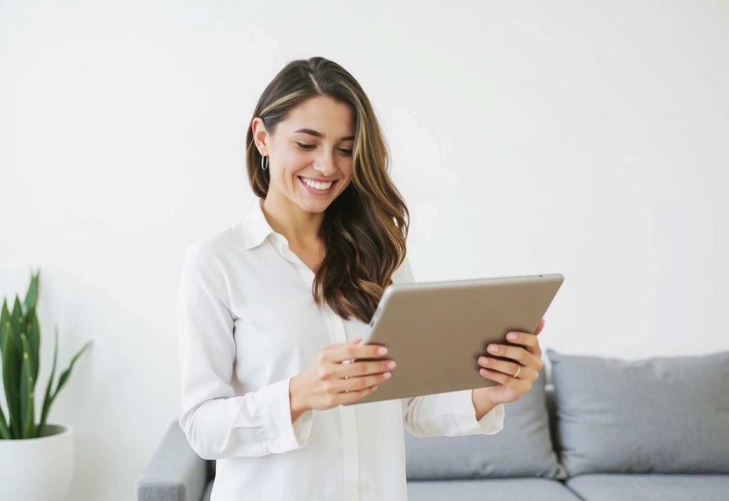 Eine lächelnde Frau, die einen Termin auf einem Tablet bucht, um die Bequemlichkeit der Online-Terminbuchung zu zeigen.