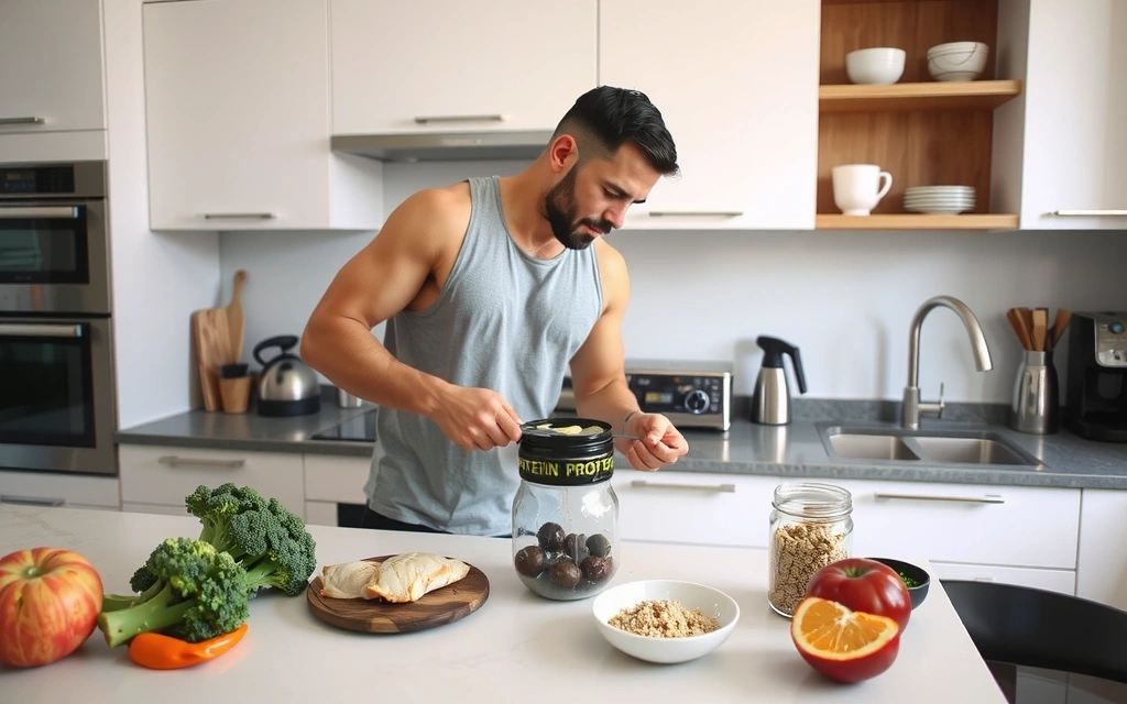 Ein Sportler, der gesunde Mahlzeiten zubereitet, um Muskelmasse aufzubauen.