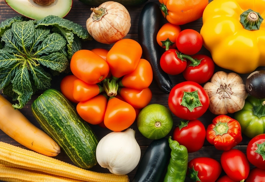 Eine Auswahl an frischem Gemüse und Obst, die die Vorteile einer pflanzlichen Ernährung symbolisieren.